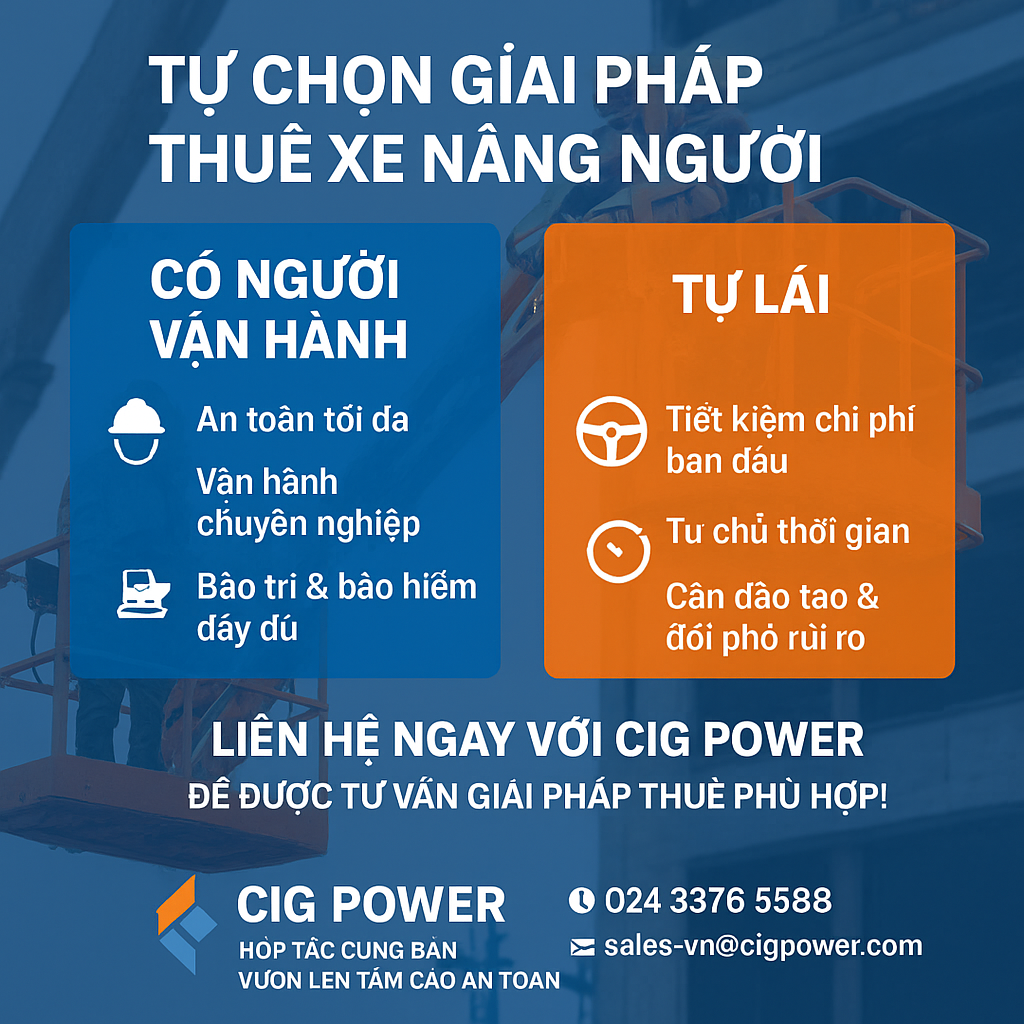Tìm hiểu khi nào bạn nên thuê xe nâng người có người vận hành tại Hà Nội và những lợi ích, chi phí, rủi ro liên quan để tối ưu dự án của bạn.